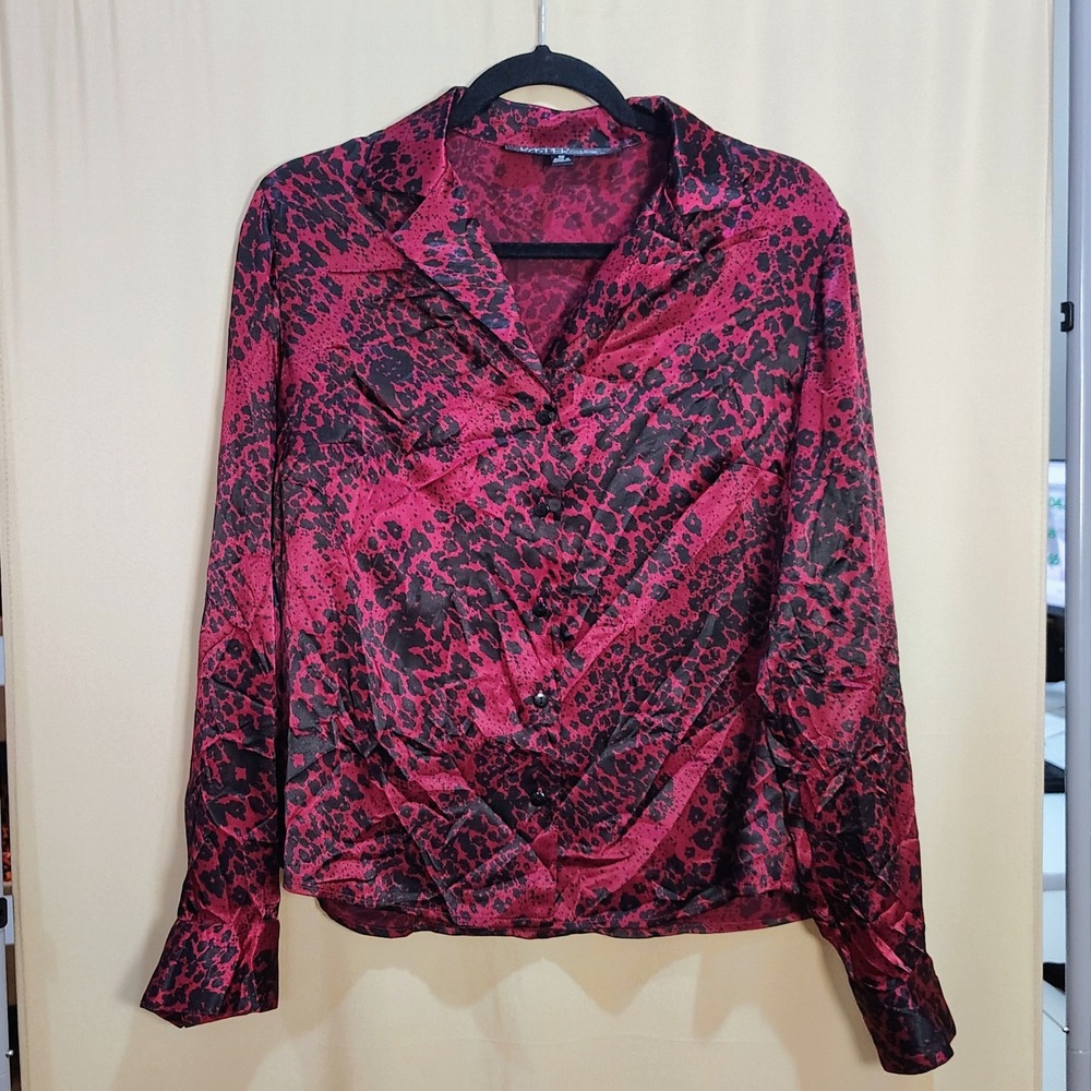 VTG Y2K Kasper Satin Leopard Button Up Shirt Women SZ 12 Burgandy Goth Glam Alt
